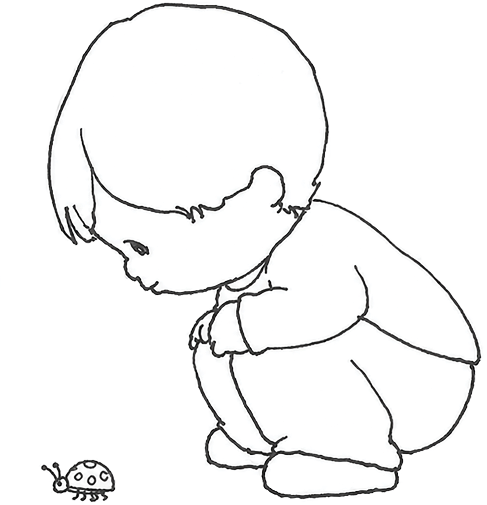 Little Puff crouching to look at a ladybug