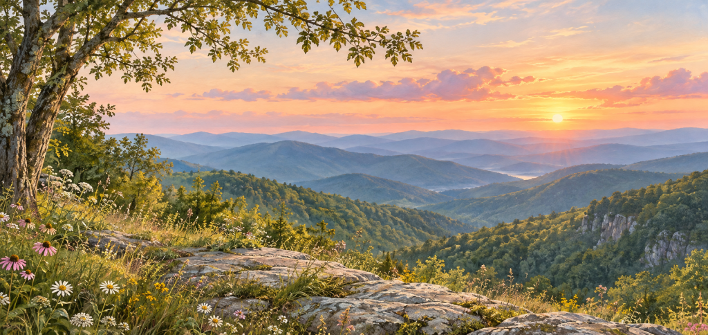 Watercolor mountains under a tree at sunset