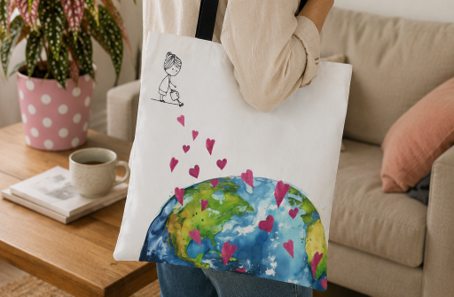 A Little Puff tote bag with hearts and a painted globe